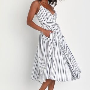 Lulus Mykonos Magic White And Navy Blue Midi Dress With Pockets - Size M